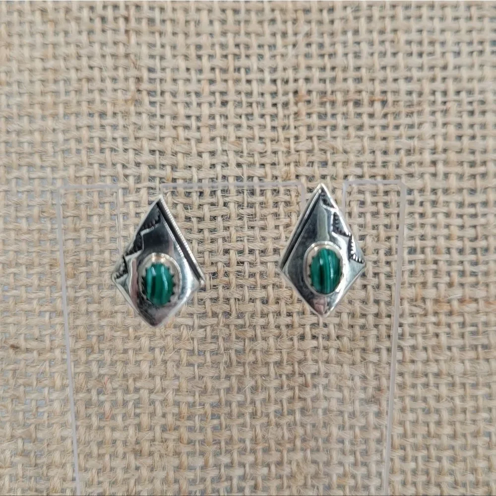 Sterling Silver and Green Malachite Native American Navajo Earrings Pierced Stud